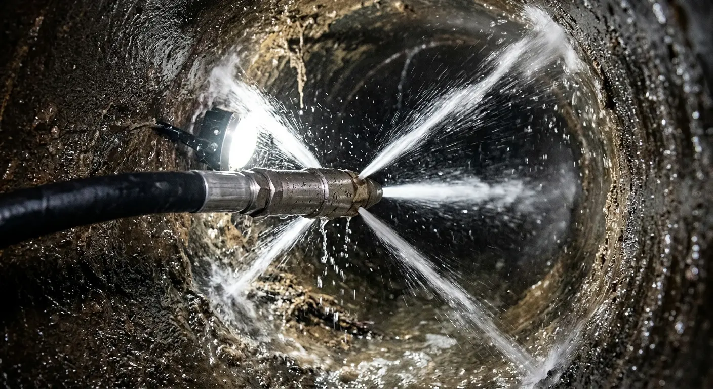 High-pressure hydro jetting nozzle cleaning sewer pipe for Sewer Line Relining in Yorktown