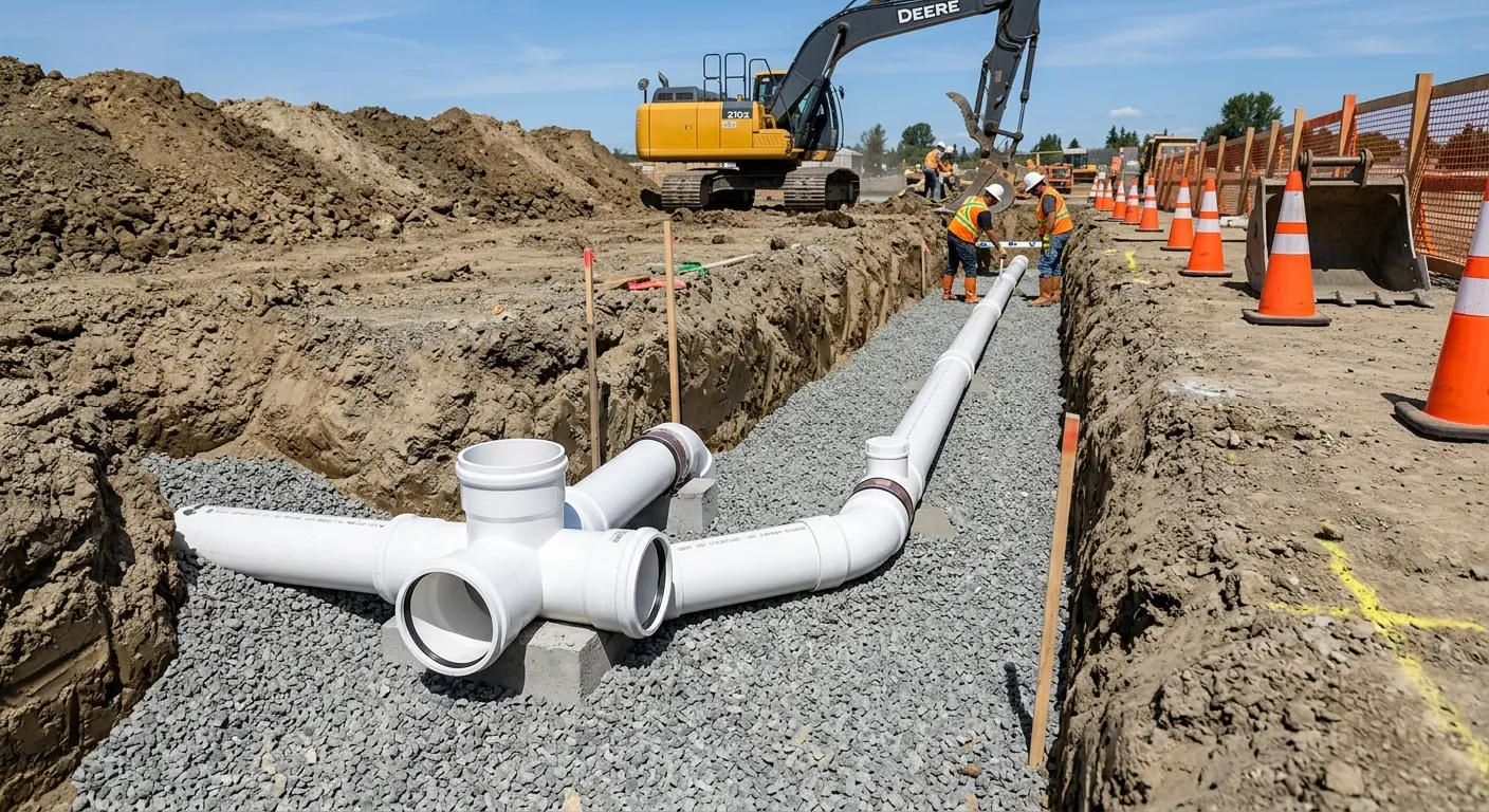 New PVC sewer pipe installation in open trench for Commercial Drain Cleaning in Yorktown